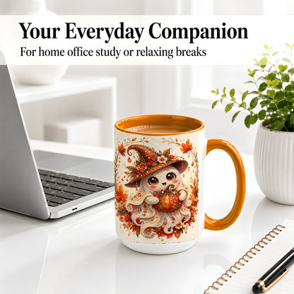 #pl[15oz|Orange] Witch Ghost Accent Mug, Ceramic Mug with Autumn Pumpkin Artwork