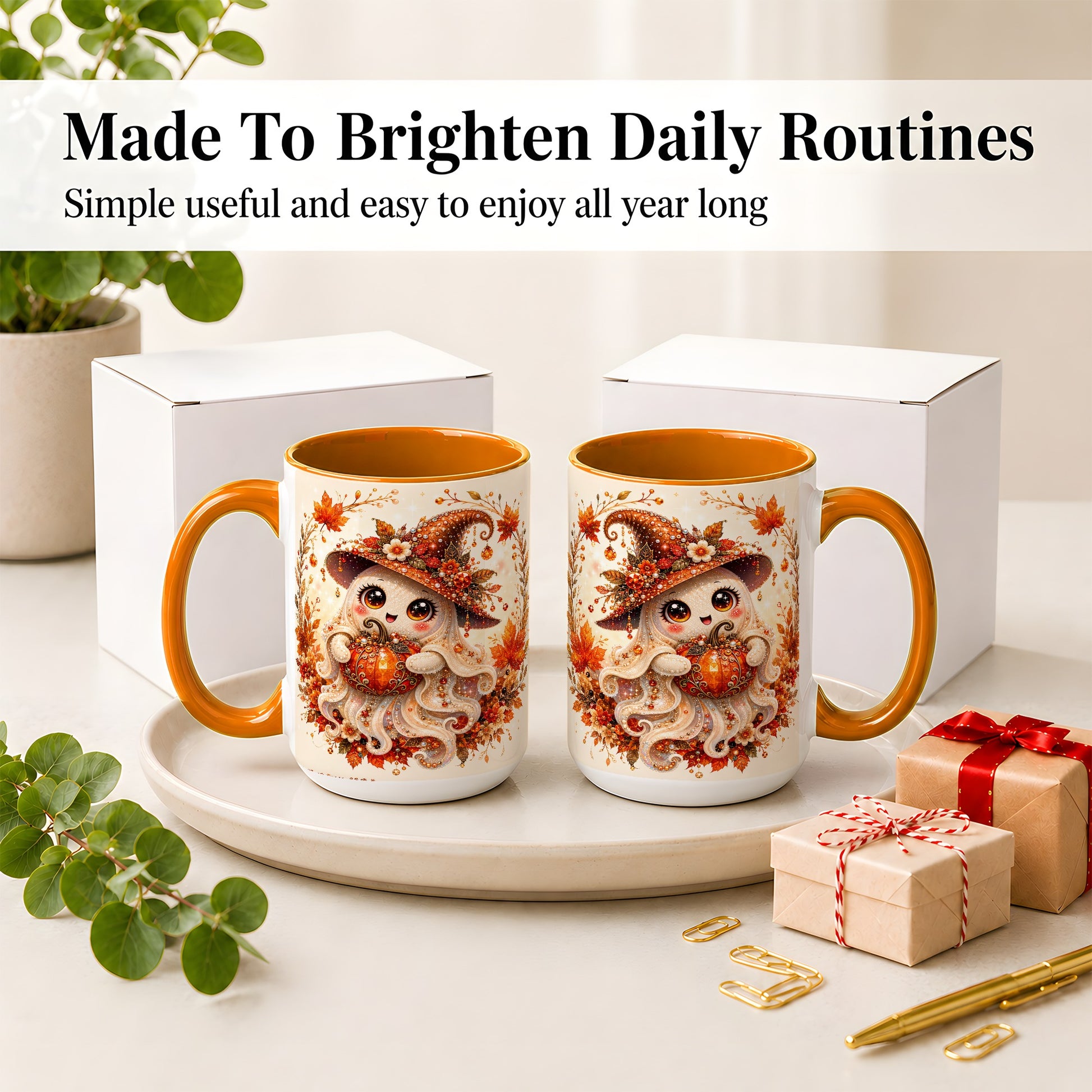 #pl[15oz|Orange] Witch Ghost Accent Mug, Ceramic Mug with Autumn Pumpkin Artwork