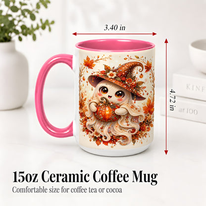 #pl[15oz|Pink] Witch Ghost Accent Mug, Ceramic Mug with Autumn Pumpkin Artwork