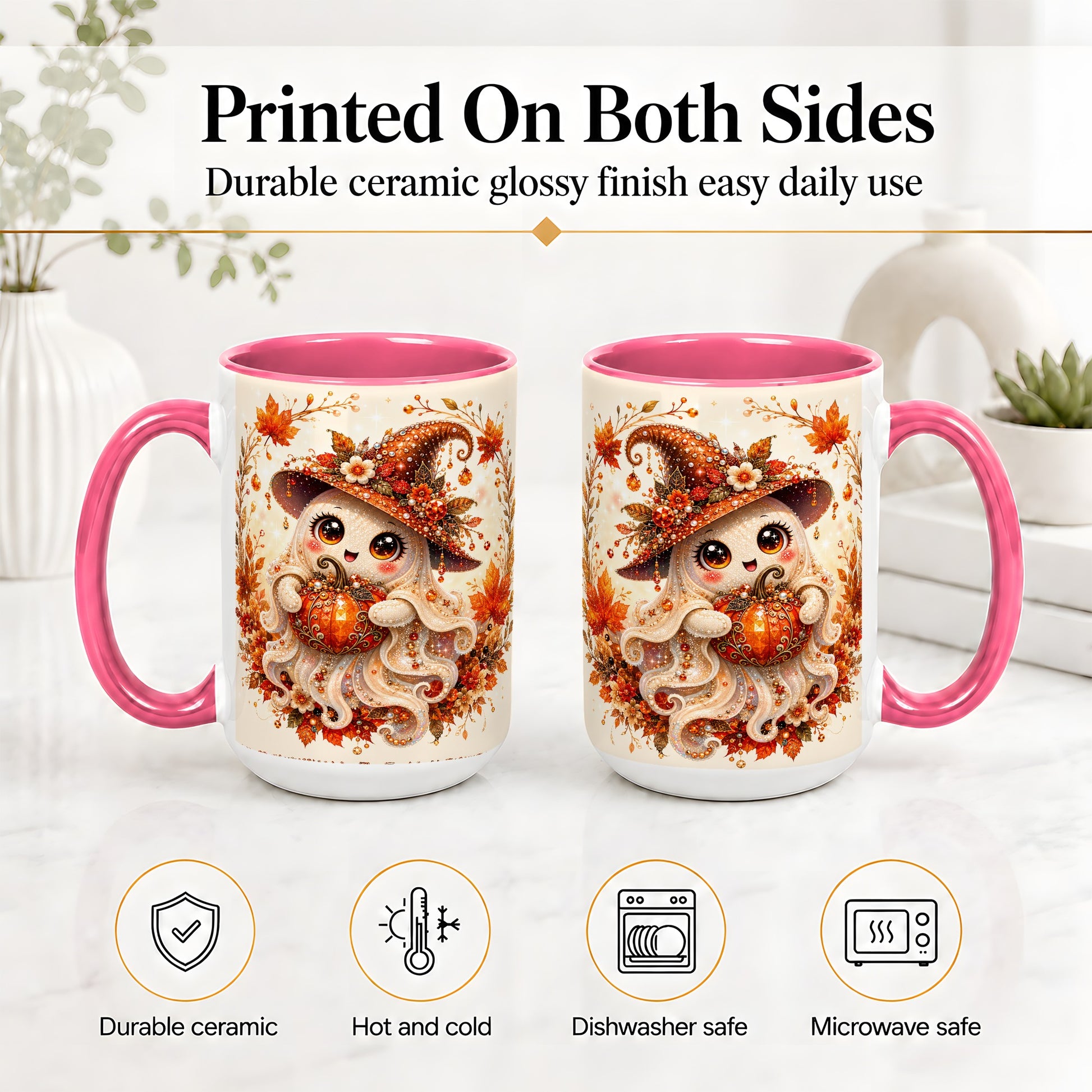 #pl[15oz|Pink] Witch Ghost Accent Mug, Ceramic Mug with Autumn Pumpkin Artwork