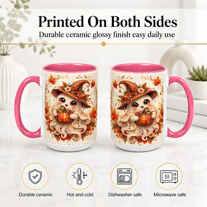 #pl[15oz|Pink] Witch Ghost Accent Mug, Ceramic Mug with Autumn Pumpkin Artwork