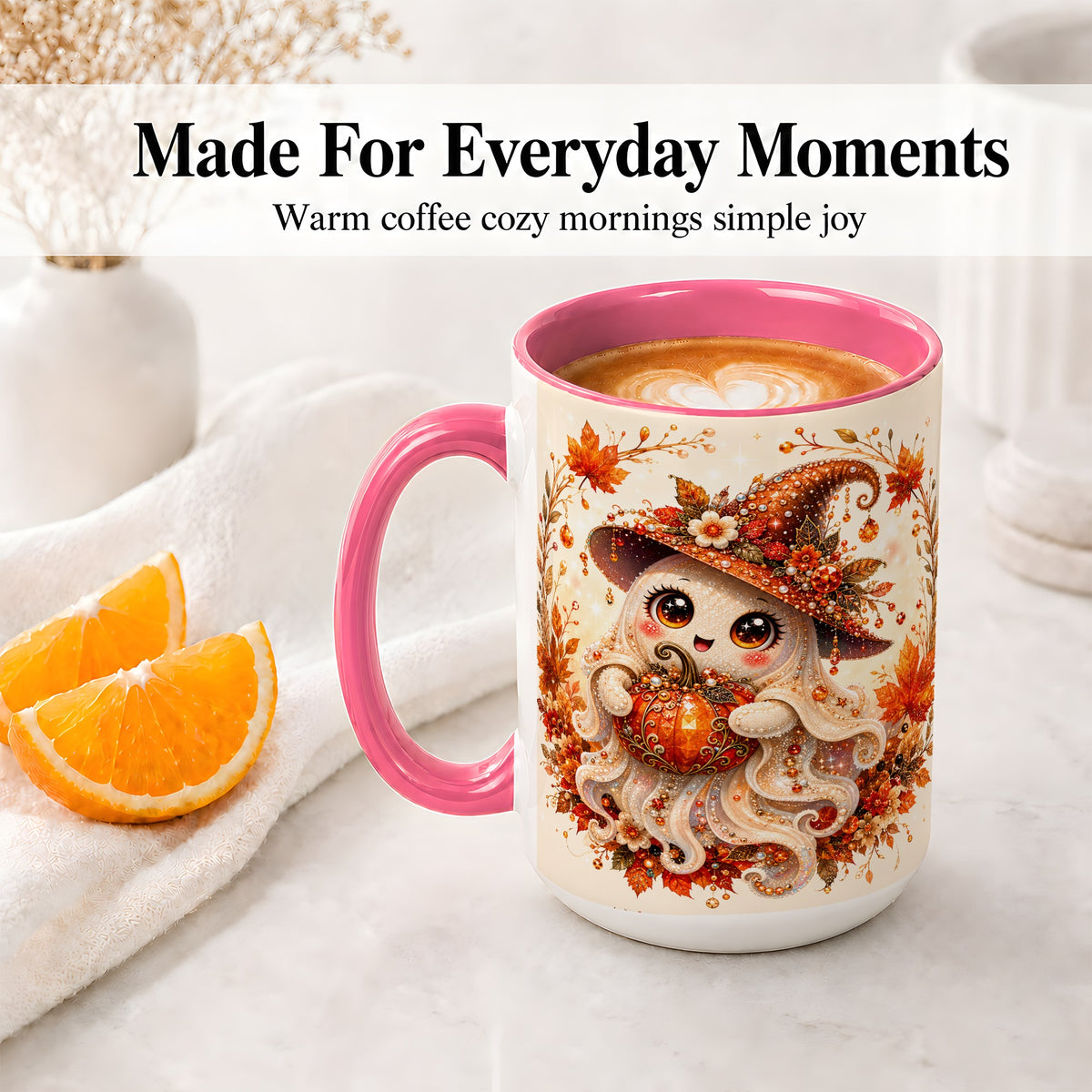 #pl[15oz|Pink] Witch Ghost Accent Mug, Ceramic Mug with Autumn Pumpkin Artwork