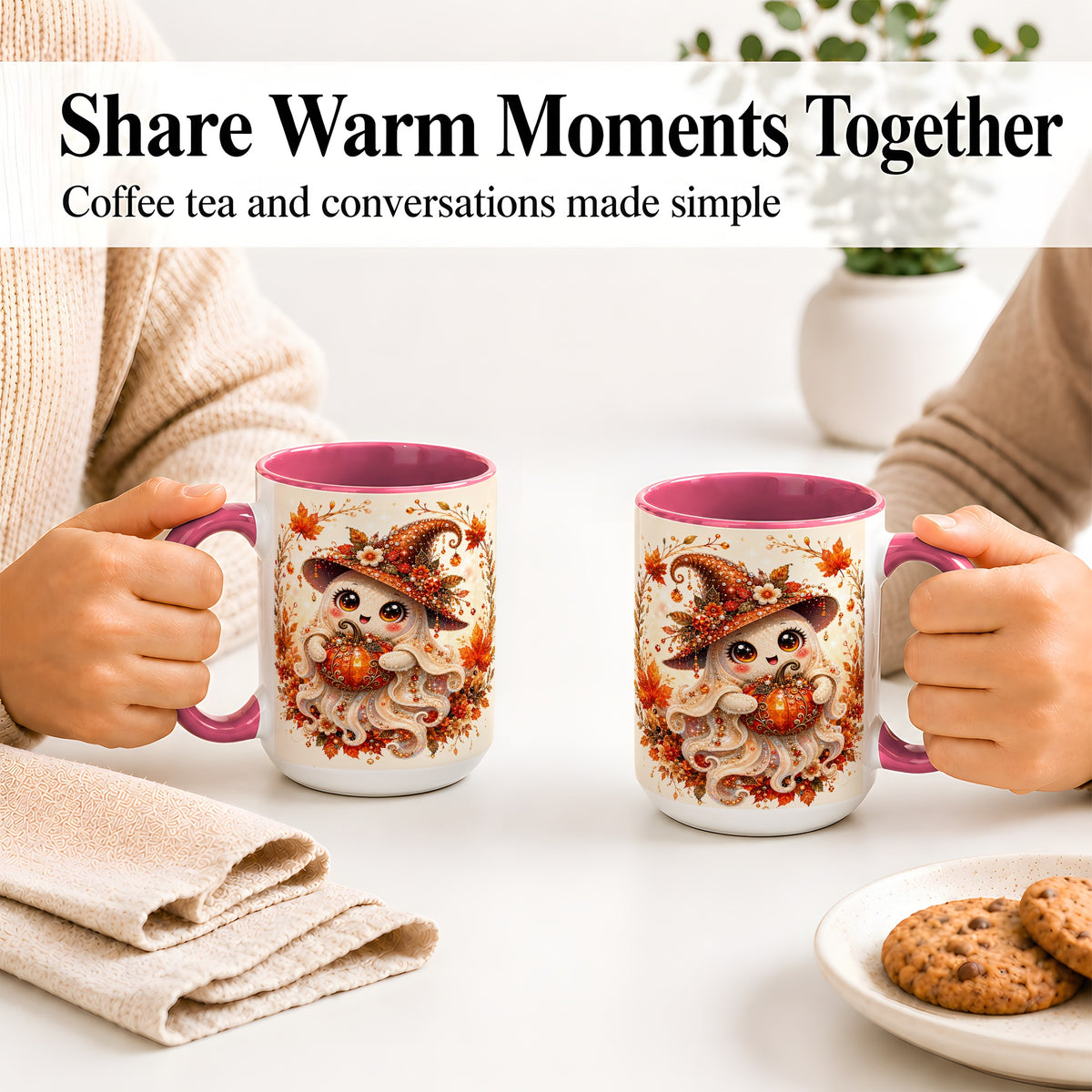 #pl[15oz|Pink] Witch Ghost Accent Mug, Ceramic Mug with Autumn Pumpkin Artwork