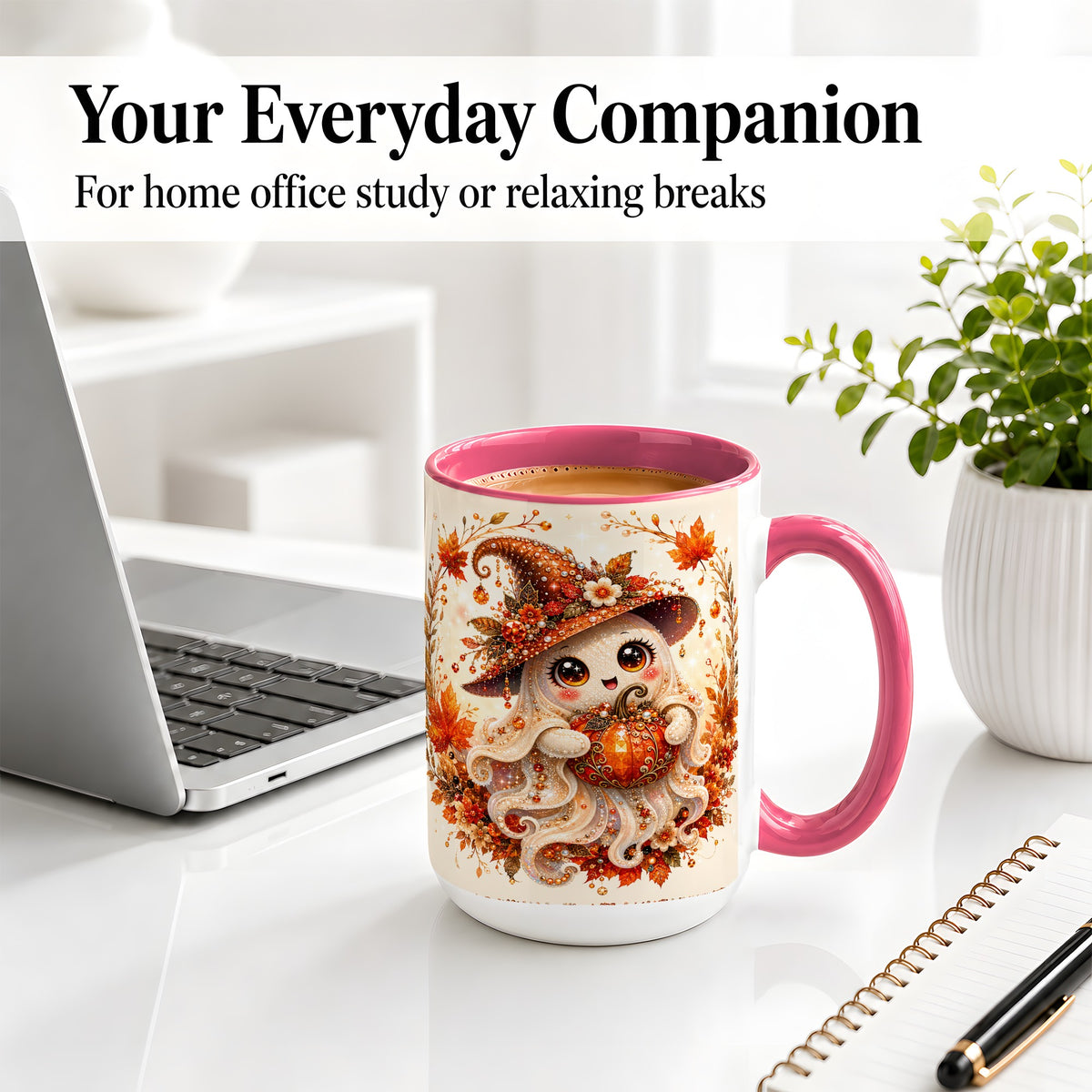 #pl[15oz|Pink] Witch Ghost Accent Mug, Ceramic Mug with Autumn Pumpkin Artwork