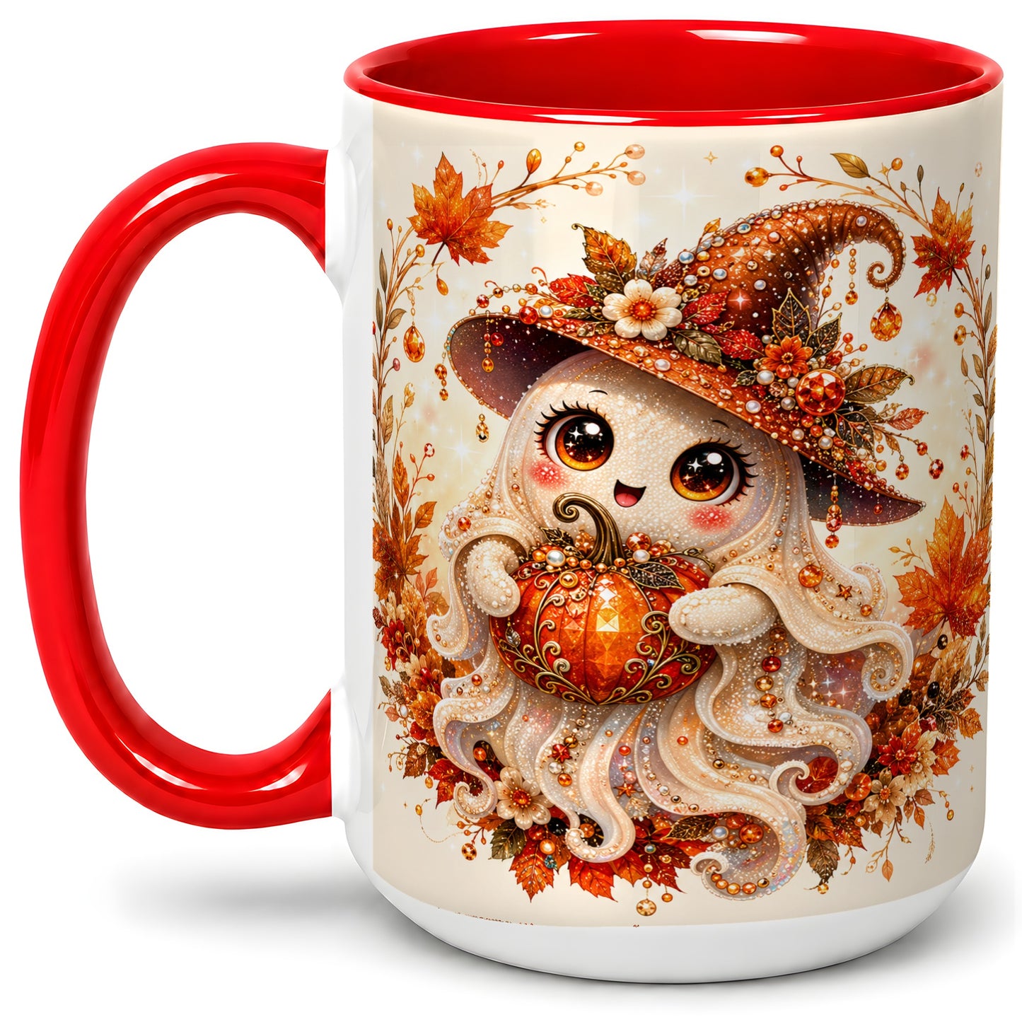 #pl[15oz|Red] Witch Ghost Accent Mug, Ceramic Mug with Autumn Pumpkin Artwork