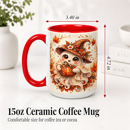 #pl[15oz|Red] Witch Ghost Accent Mug, Ceramic Mug with Autumn Pumpkin Artwork