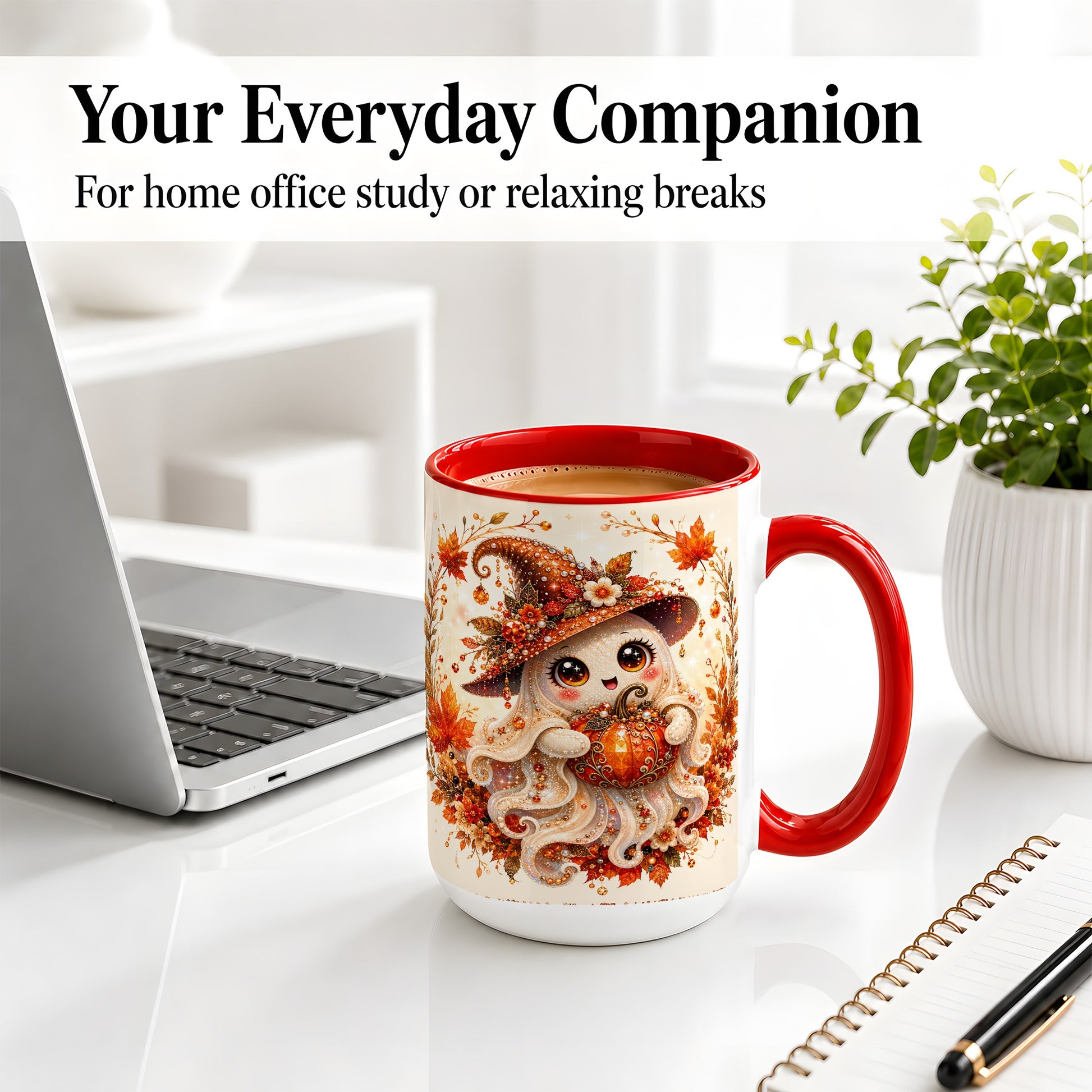 #pl[15oz|Red] Witch Ghost Accent Mug, Ceramic Mug with Autumn Pumpkin Artwork