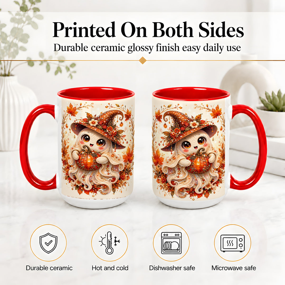 #pl[15oz|Red] Witch Ghost Accent Mug, Ceramic Mug with Autumn Pumpkin Artwork