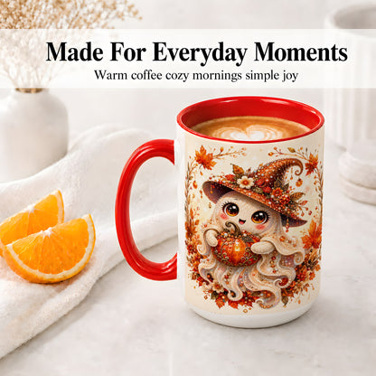 #pl[15oz|Red] Witch Ghost Accent Mug, Ceramic Mug with Autumn Pumpkin Artwork