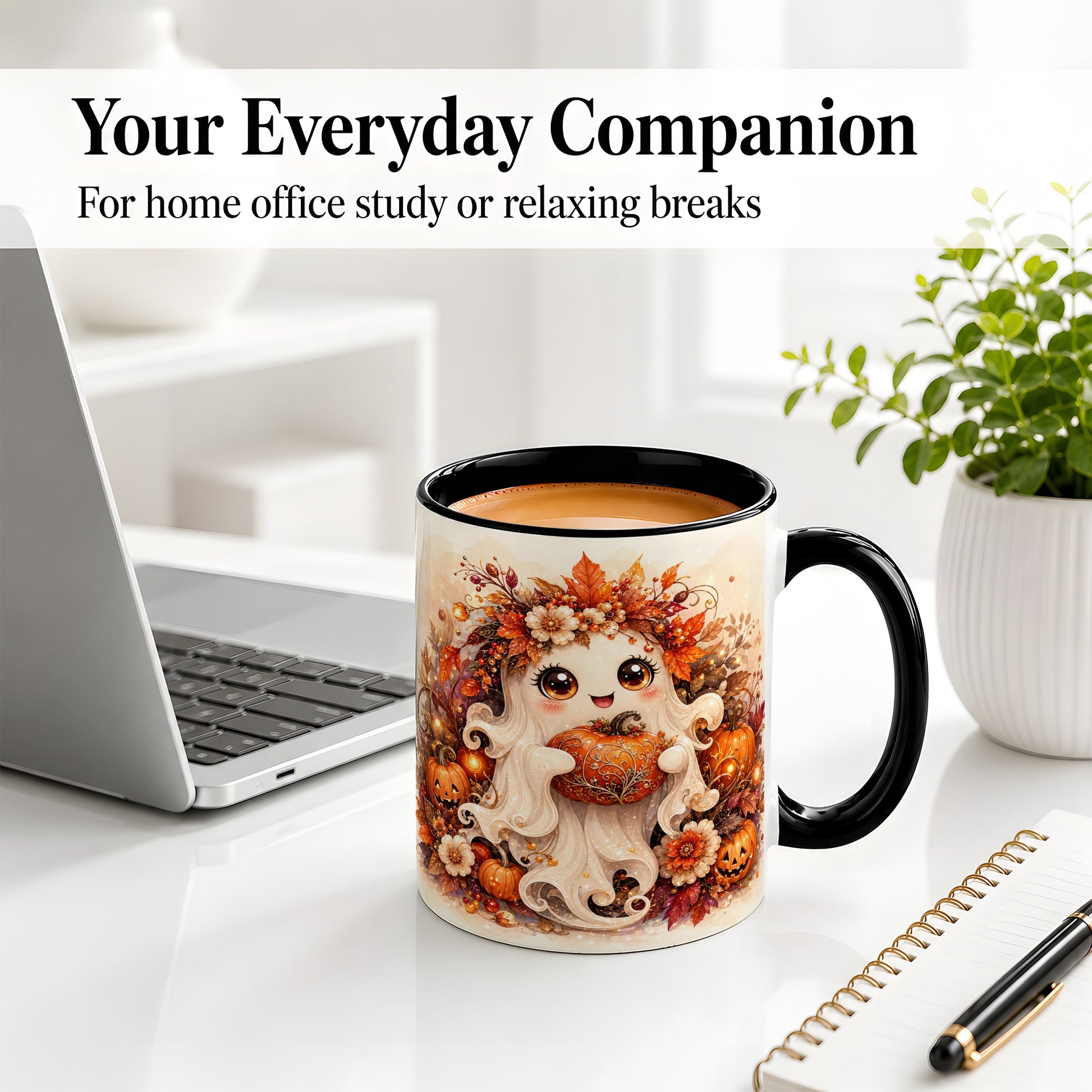 #pl[11oz|Black] Cute Halloween Ghost Accent Mug, Ceramic Mug with Pumpkin Artwork
