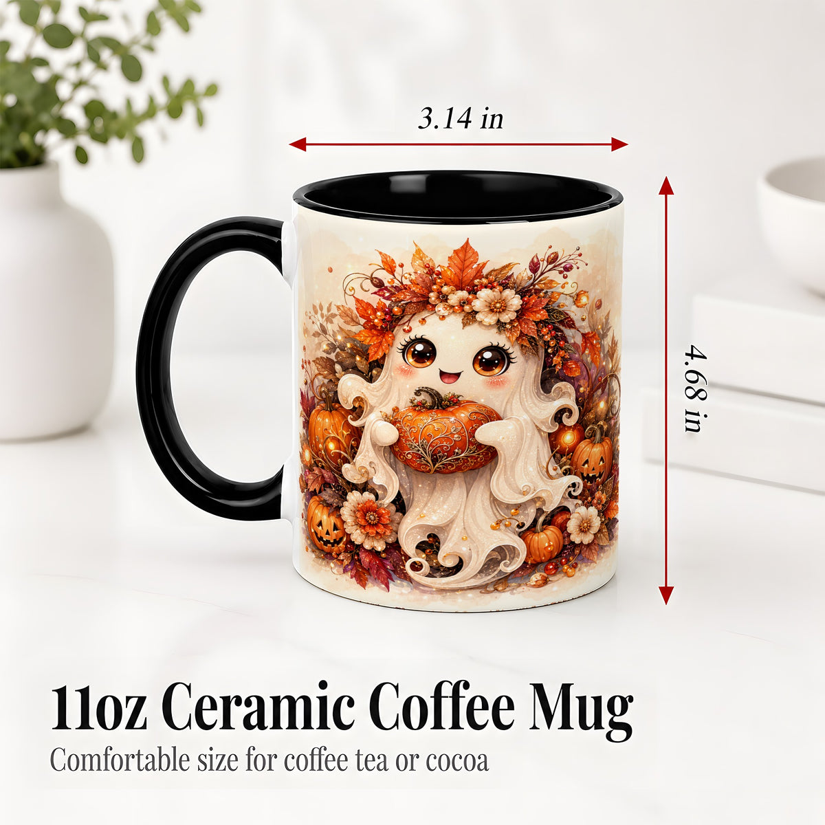 #pl[11oz|Black] Cute Halloween Ghost Accent Mug, Ceramic Mug with Pumpkin Artwork