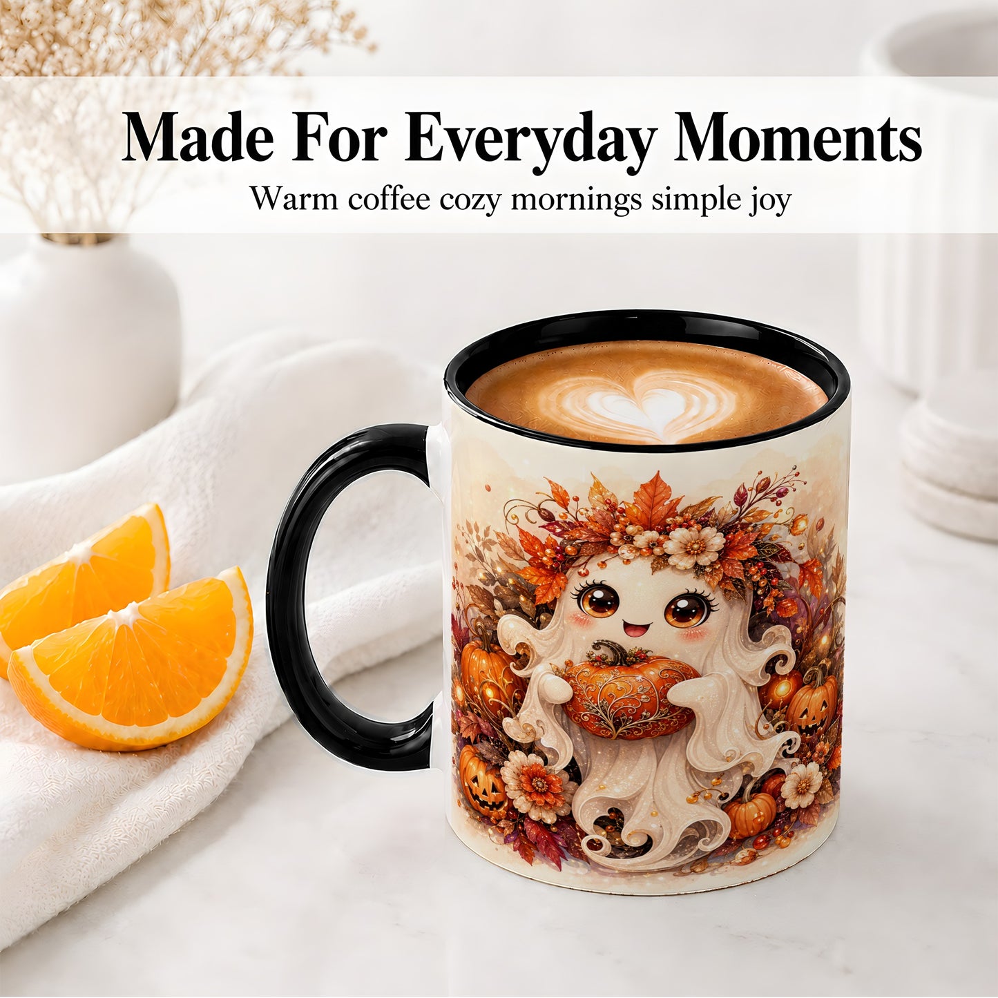 #pl[11oz|Black] Cute Halloween Ghost Accent Mug, Ceramic Mug with Pumpkin Artwork