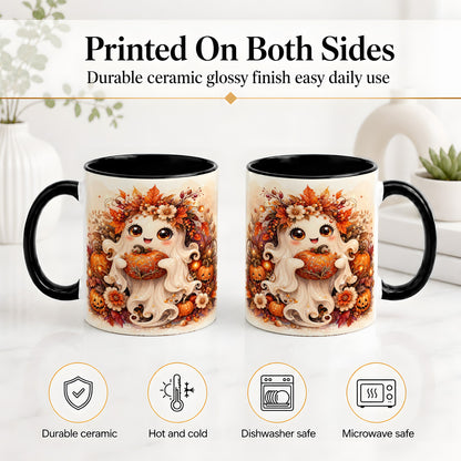 #pl[11oz|Black] Cute Halloween Ghost Accent Mug, Ceramic Mug with Pumpkin Artwork