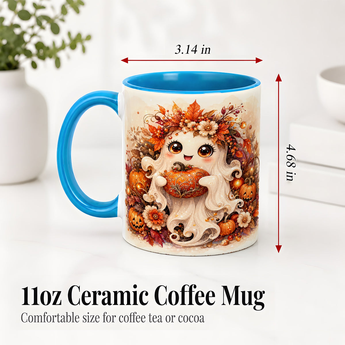 #pl[11oz|Blue] Cute Halloween Ghost Accent Mug, Ceramic Mug with Pumpkin Artwork