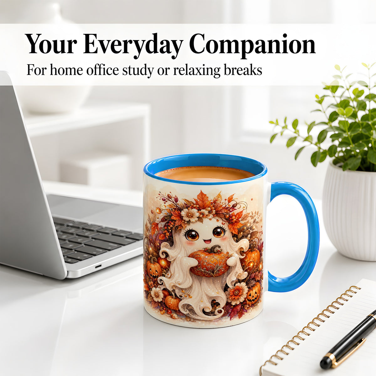 #pl[11oz|Blue] Cute Halloween Ghost Accent Mug, Ceramic Mug with Pumpkin Artwork
