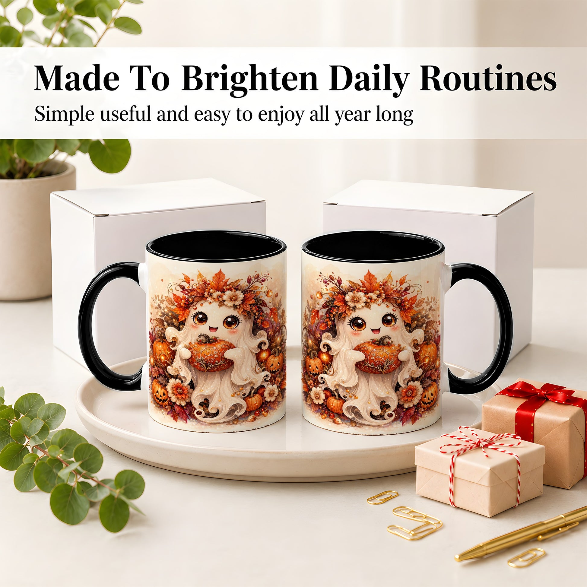#pl[11oz|Black] Cute Halloween Ghost Accent Mug, Ceramic Mug with Pumpkin Artwork