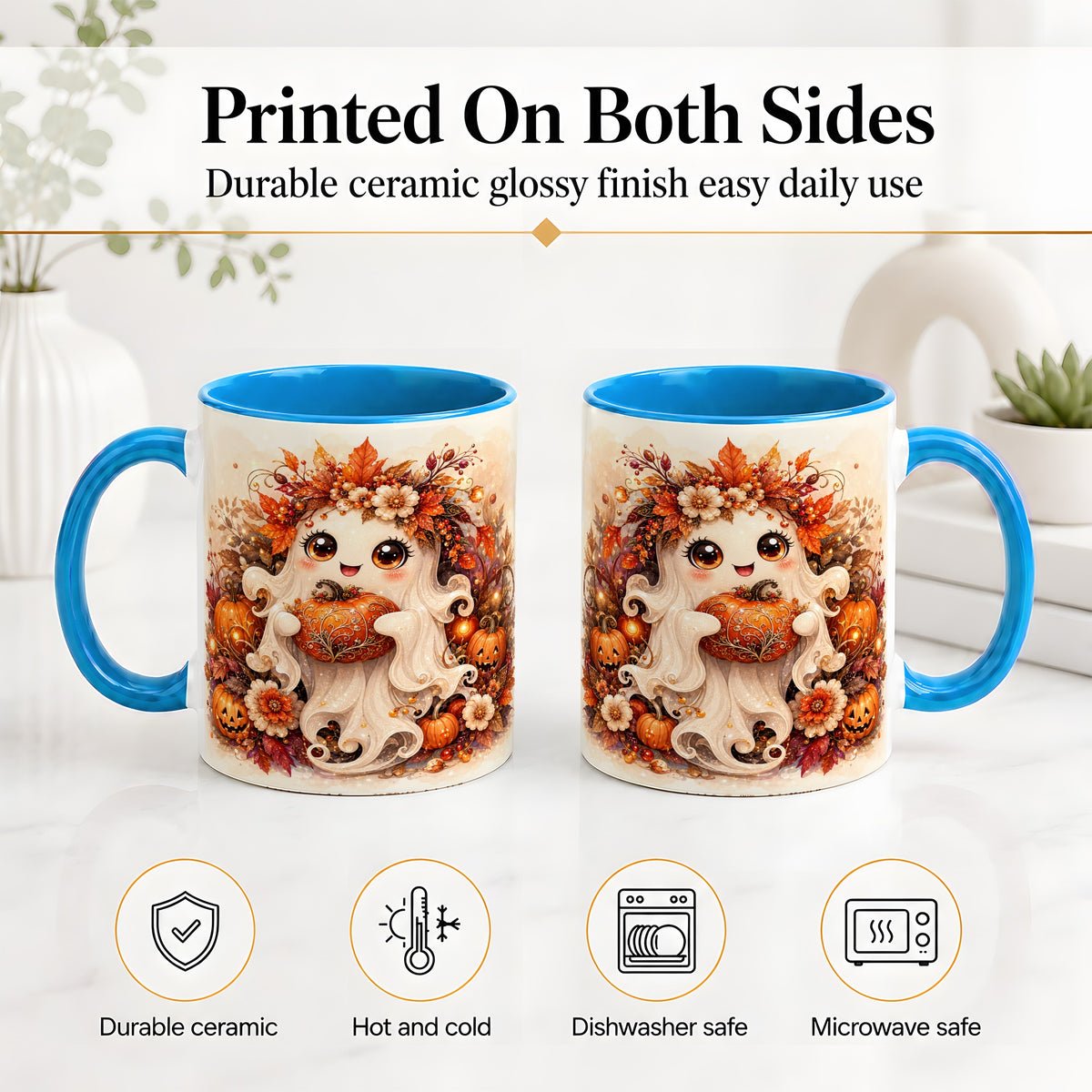 #pl[11oz|Blue] Cute Halloween Ghost Accent Mug, Ceramic Mug with Pumpkin Artwork