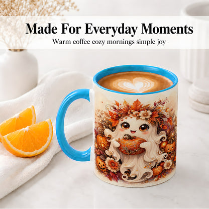 #pl[11oz|Blue] Cute Halloween Ghost Accent Mug, Ceramic Mug with Pumpkin Artwork