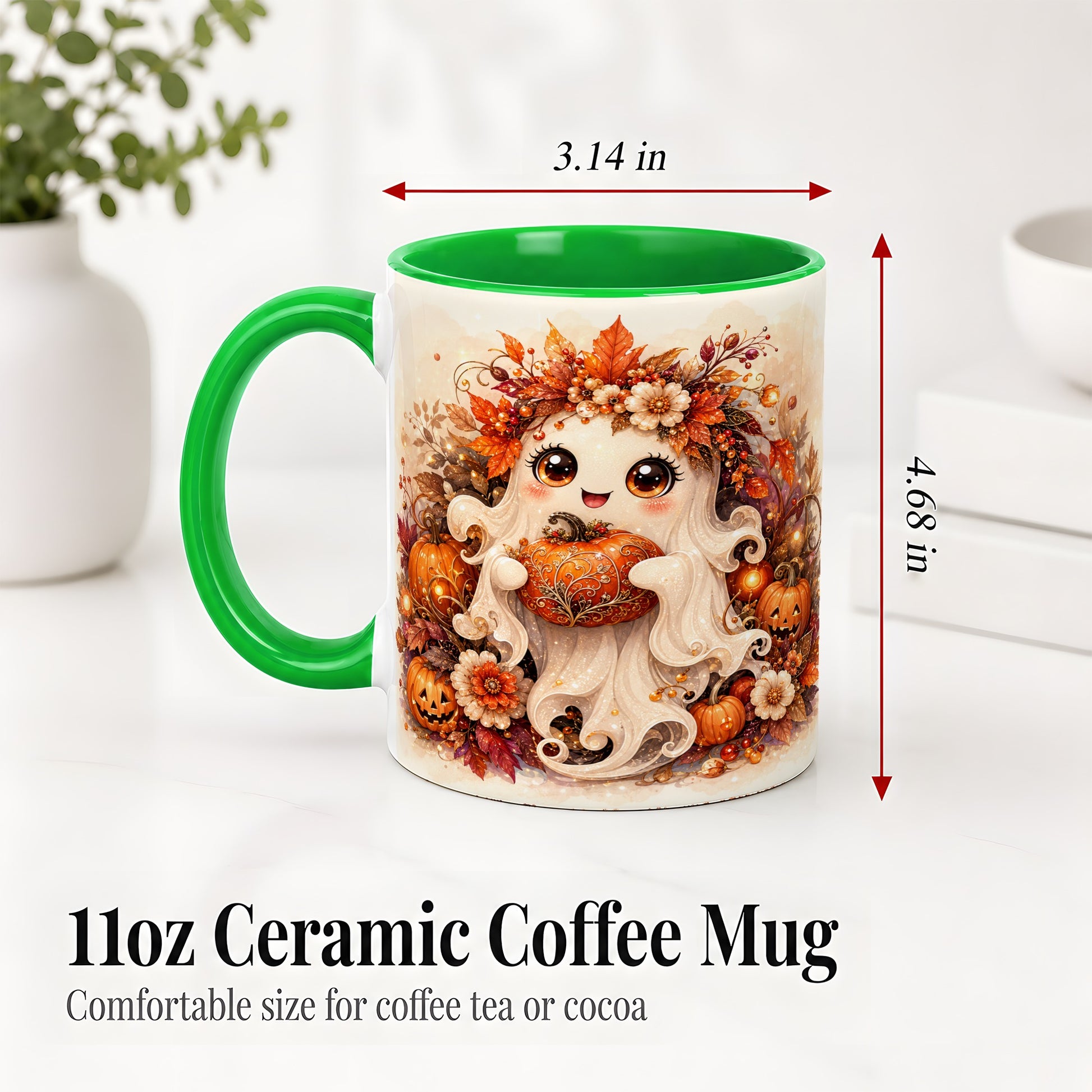 #pl[11oz|Green] Cute Halloween Ghost Accent Mug, Ceramic Mug with Pumpkin Artwork