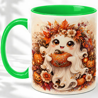 #pl[11oz|Green] Cute Halloween Ghost Accent Mug, Ceramic Mug with Pumpkin Artwork