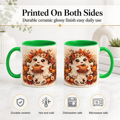 #pl[11oz|Green] Cute Halloween Ghost Accent Mug, Ceramic Mug with Pumpkin Artwork