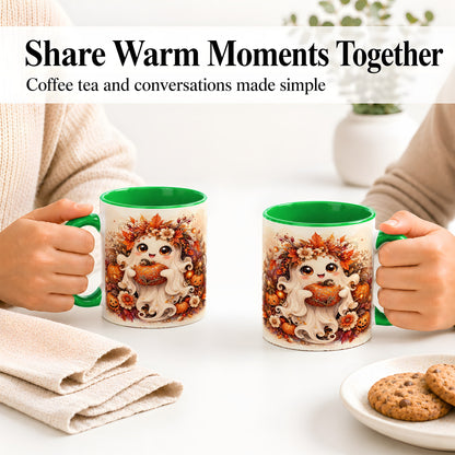 #pl[11oz|Green] Cute Halloween Ghost Accent Mug, Ceramic Mug with Pumpkin Artwork