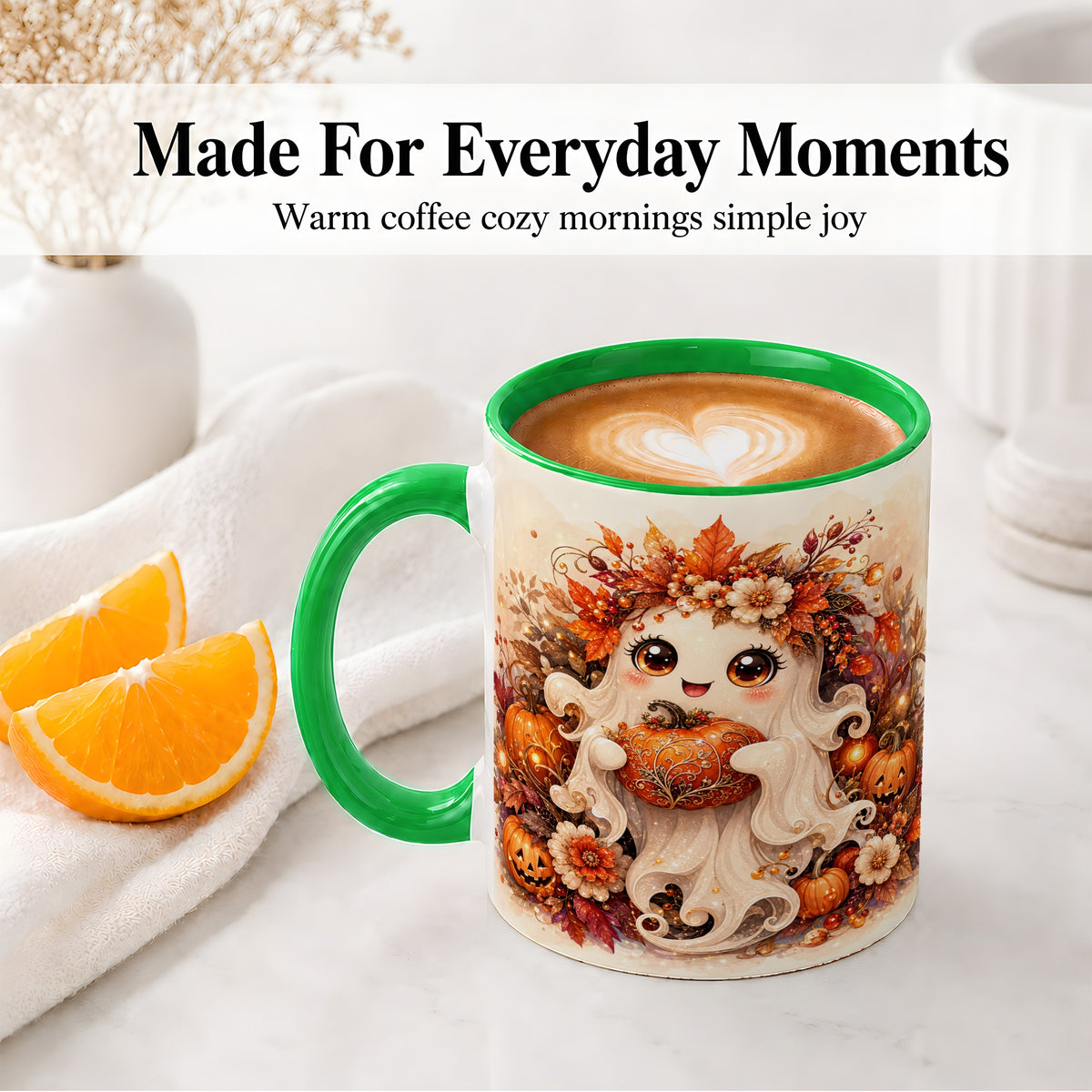 #pl[11oz|Green] Cute Halloween Ghost Accent Mug, Ceramic Mug with Pumpkin Artwork