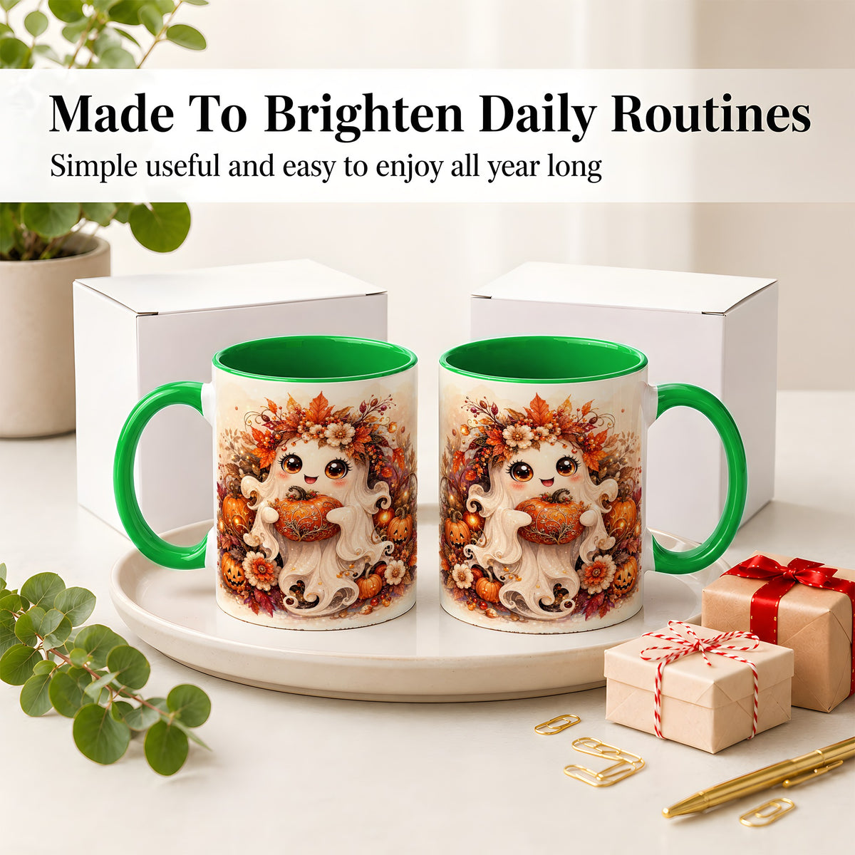 #pl[11oz|Green] Cute Halloween Ghost Accent Mug, Ceramic Mug with Pumpkin Artwork
