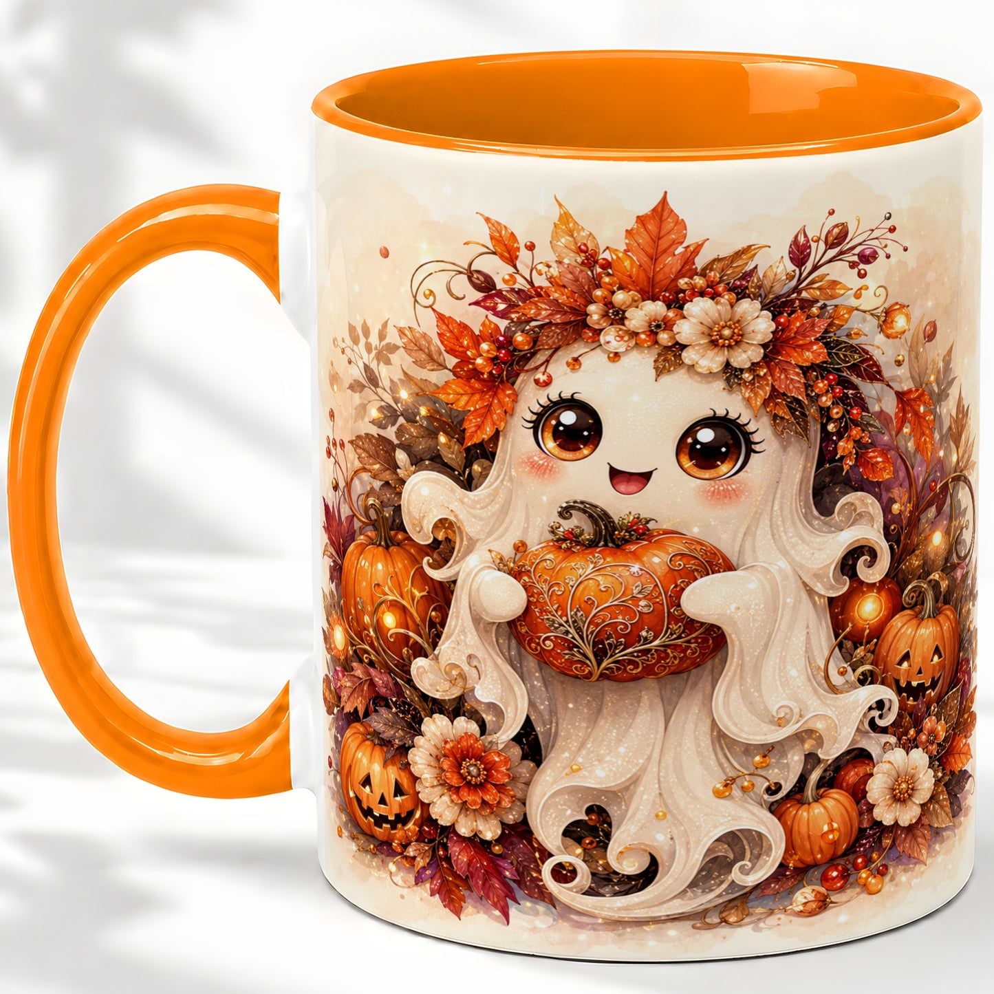 #pl[11oz|Orange] Cute Halloween Ghost Accent Mug, Ceramic Mug with Pumpkin Artwork