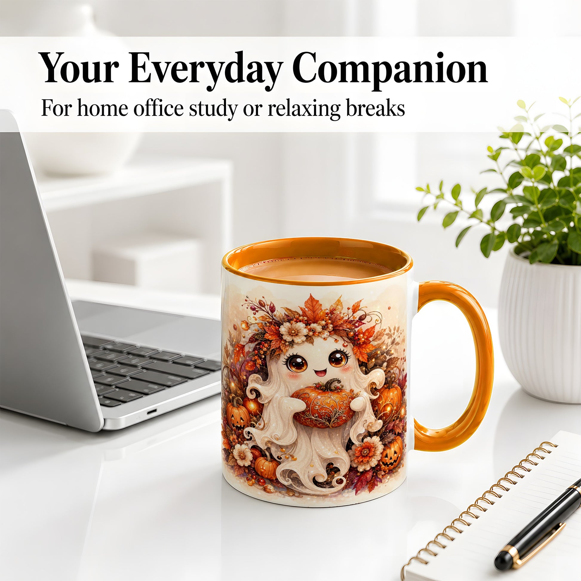 #pl[11oz|Orange] Cute Halloween Ghost Accent Mug, Ceramic Mug with Pumpkin Artwork