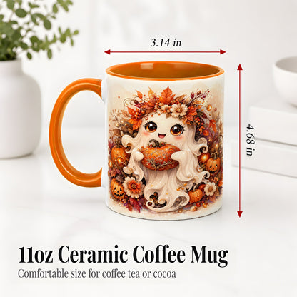 #pl[11oz|Orange] Cute Halloween Ghost Accent Mug, Ceramic Mug with Pumpkin Artwork
