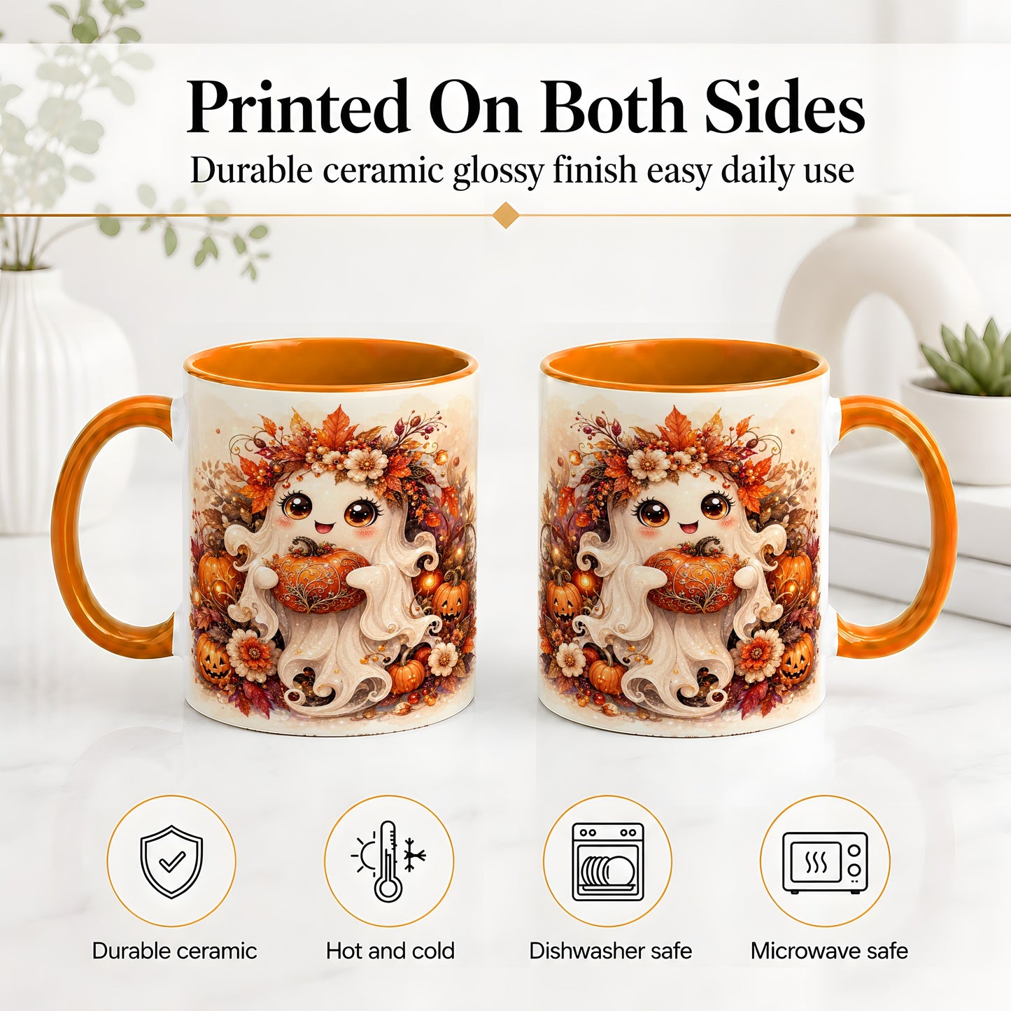 #pl[11oz|Orange] Cute Halloween Ghost Accent Mug, Ceramic Mug with Pumpkin Artwork