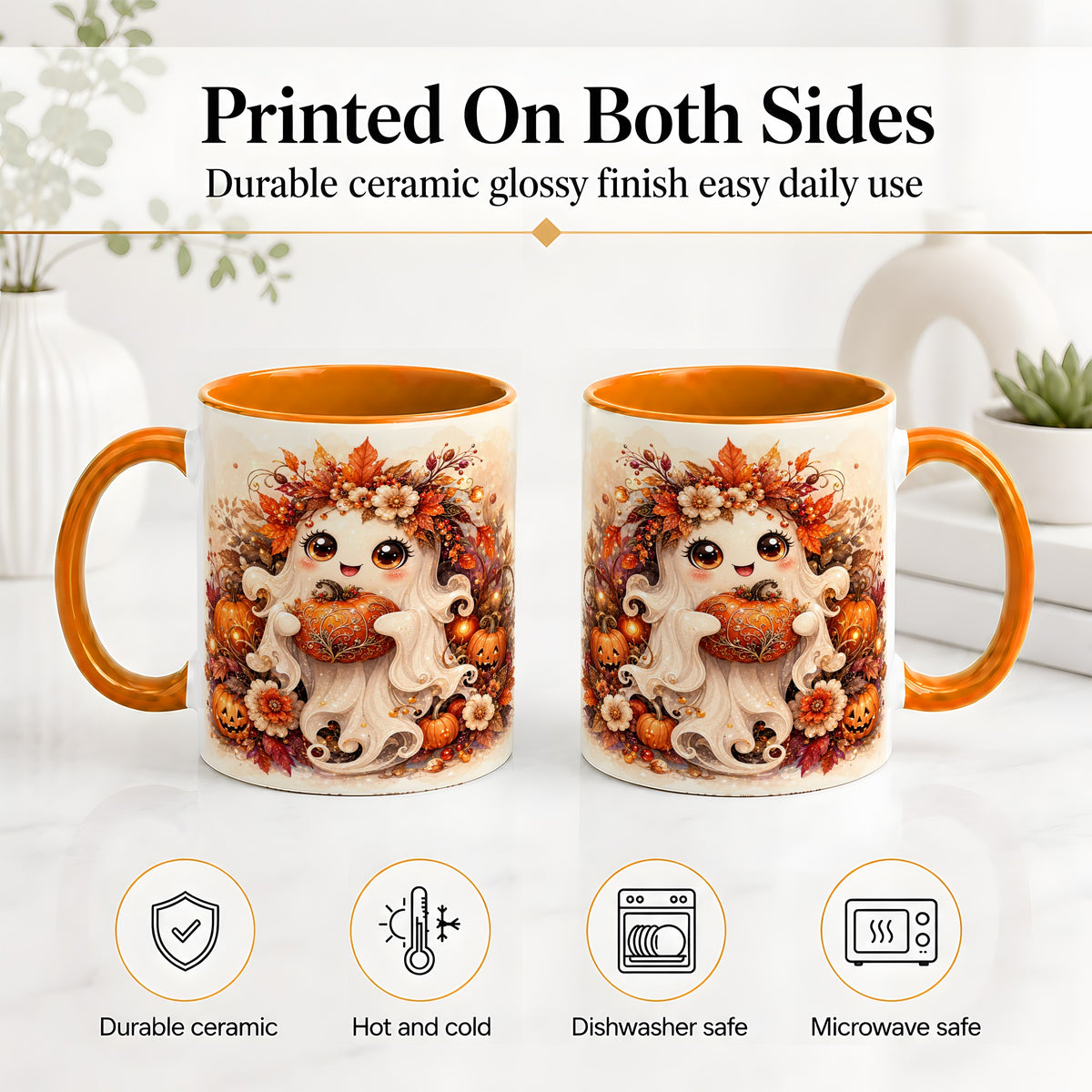 #pl[11oz|Orange] Cute Halloween Ghost Accent Mug, Ceramic Mug with Pumpkin Artwork