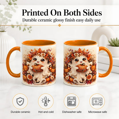 #pl[11oz|Orange] Cute Halloween Ghost Accent Mug, Ceramic Mug with Pumpkin Artwork
