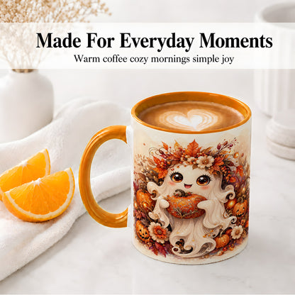 #pl[11oz|Orange] Cute Halloween Ghost Accent Mug, Ceramic Mug with Pumpkin Artwork