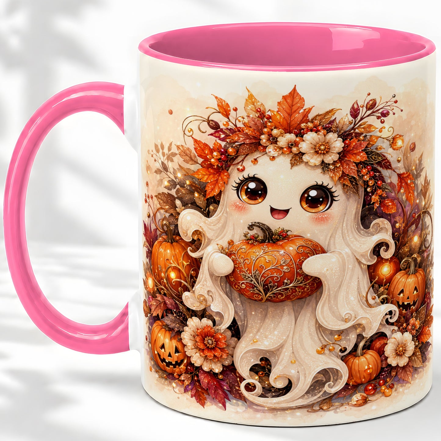 #pl[11oz|Pink] Cute Halloween Ghost Accent Mug, Ceramic Mug with Pumpkin Artwork