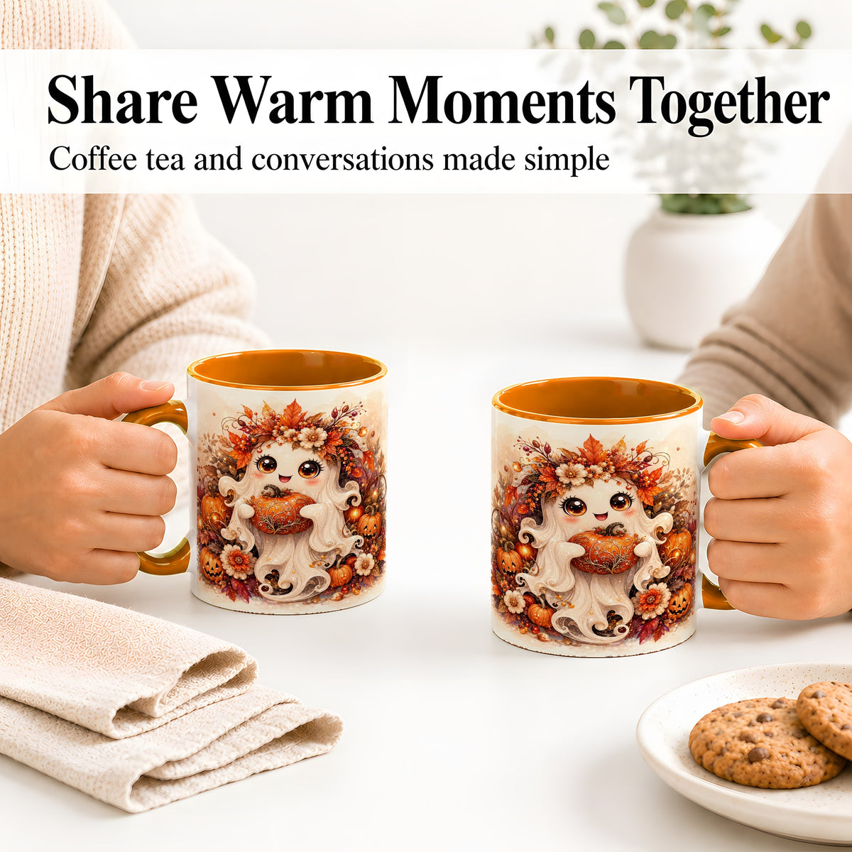 #pl[11oz|Orange] Cute Halloween Ghost Accent Mug, Ceramic Mug with Pumpkin Artwork