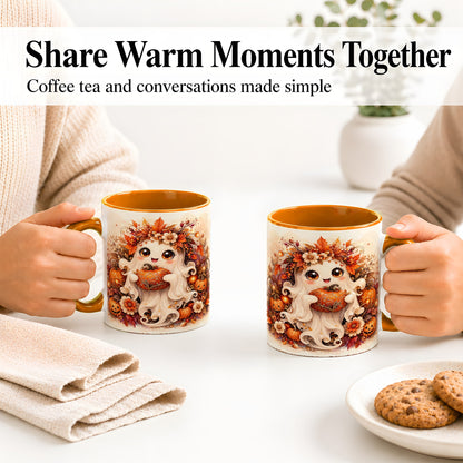 #pl[11oz|Orange] Cute Halloween Ghost Accent Mug, Ceramic Mug with Pumpkin Artwork