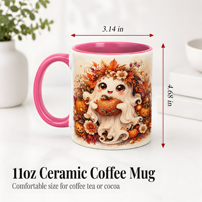 #pl[11oz|Pink] Cute Halloween Ghost Accent Mug, Ceramic Mug with Pumpkin Artwork
