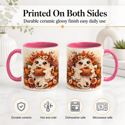 #pl[11oz|Pink] Cute Halloween Ghost Accent Mug, Ceramic Mug with Pumpkin Artwork