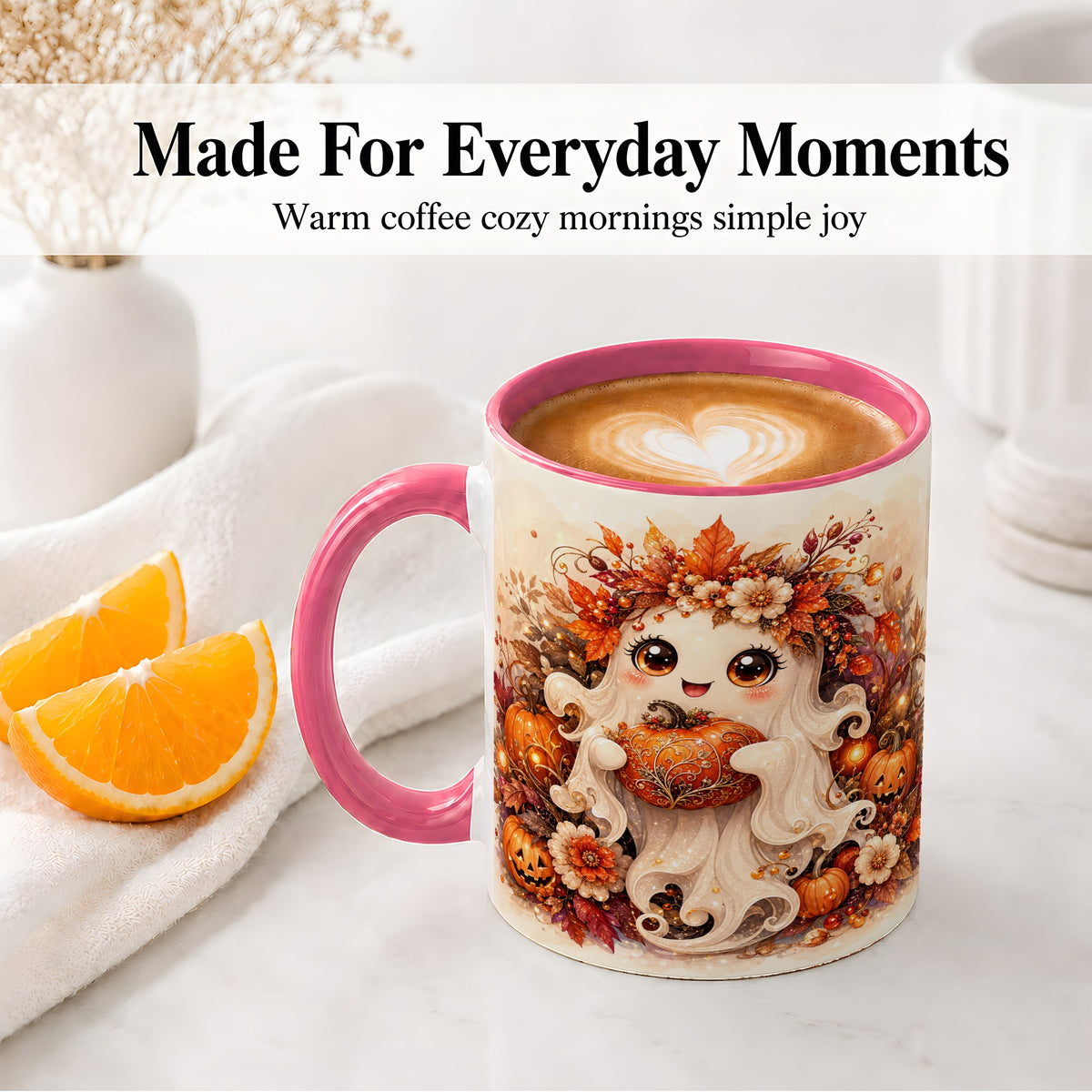 #pl[11oz|Pink] Cute Halloween Ghost Accent Mug, Ceramic Mug with Pumpkin Artwork