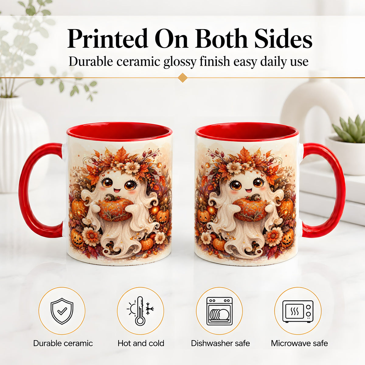 #pl[11oz|Red] Cute Halloween Ghost Accent Mug, Ceramic Mug with Pumpkin Artwork