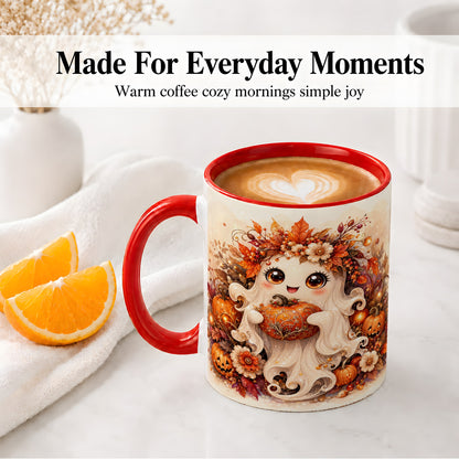 #pl[11oz|Red] Cute Halloween Ghost Accent Mug, Ceramic Mug with Pumpkin Artwork