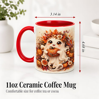 #pl[11oz|Red] Cute Halloween Ghost Accent Mug, Ceramic Mug with Pumpkin Artwork