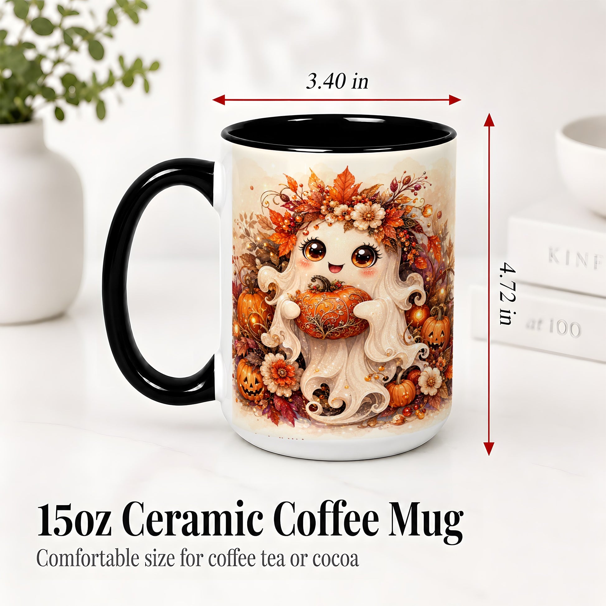 #pl[15oz|Black] Cute Halloween Ghost Accent Mug, Ceramic Mug with Pumpkin Artwork
