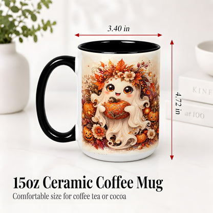 #pl[15oz|Black] Cute Halloween Ghost Accent Mug, Ceramic Mug with Pumpkin Artwork