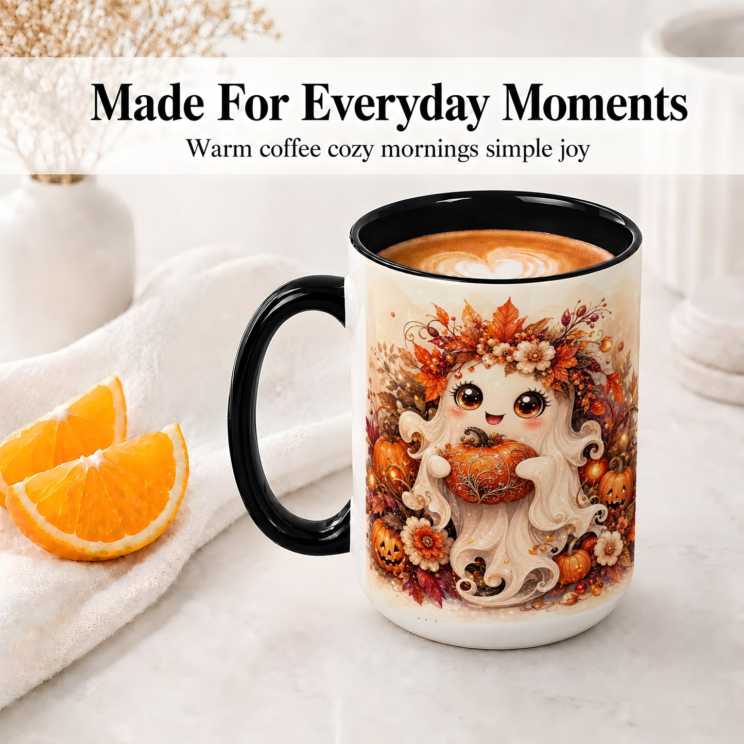 #pl[15oz|Black] Cute Halloween Ghost Accent Mug, Ceramic Mug with Pumpkin Artwork
