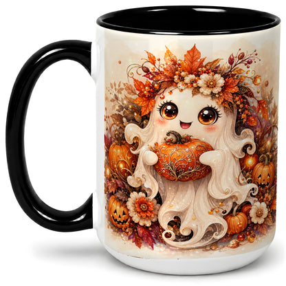 #pl[15oz|Black] Cute Halloween Ghost Accent Mug, Ceramic Mug with Pumpkin Artwork