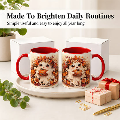 #pl[11oz|Red] Cute Halloween Ghost Accent Mug, Ceramic Mug with Pumpkin Artwork