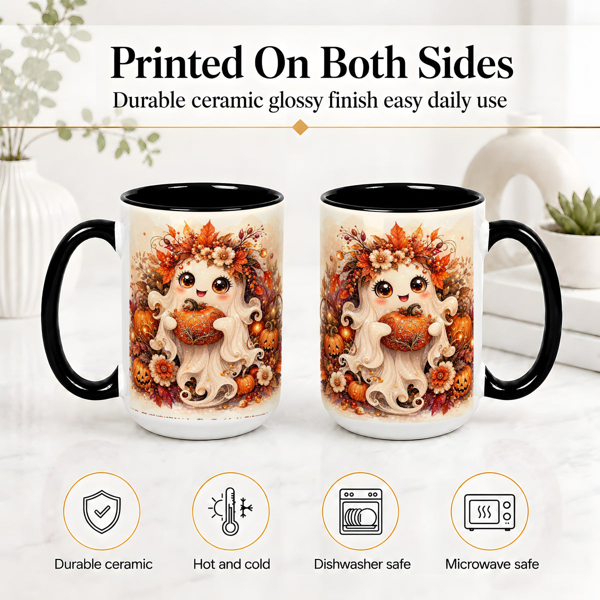 #pl[15oz|Black] Cute Halloween Ghost Accent Mug, Ceramic Mug with Pumpkin Artwork
